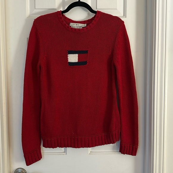 Vintage Y2K Tommy Hilfiger Logo Red Knit Sweater Size Small - Picture 1 of 8